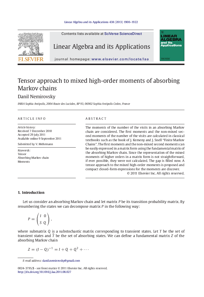 Tensor approach to mixed high-order moments of absorbing Markov chains