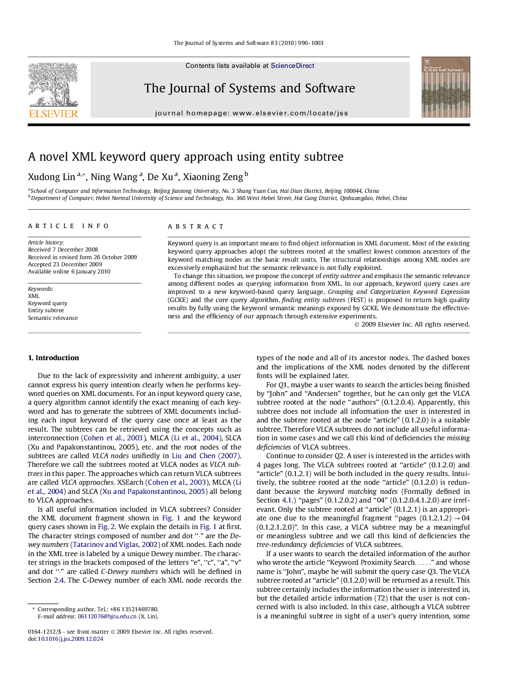 A novel XML keyword query approach using entity subtree