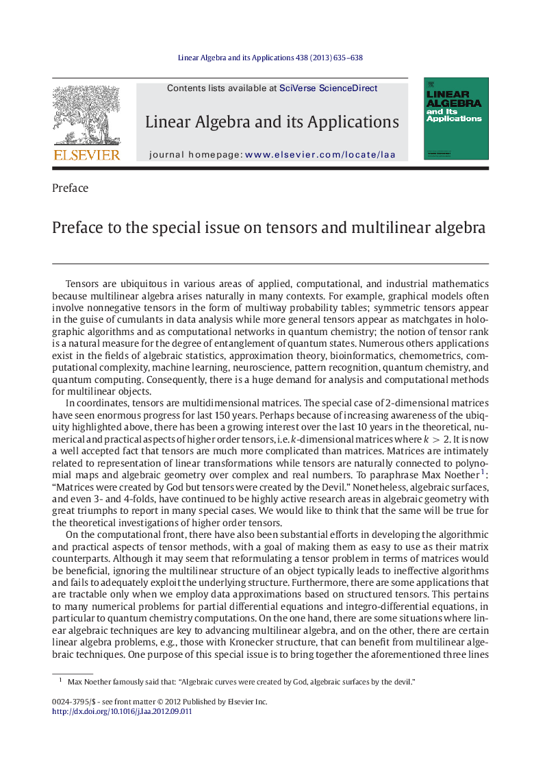 Preface to the special issue on tensors and multilinear algebra