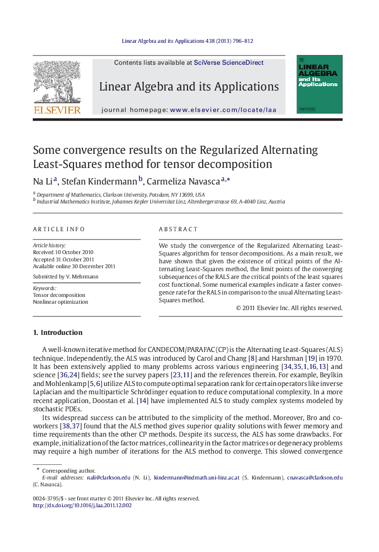 Some convergence results on the Regularized Alternating Least-Squares method for tensor decomposition