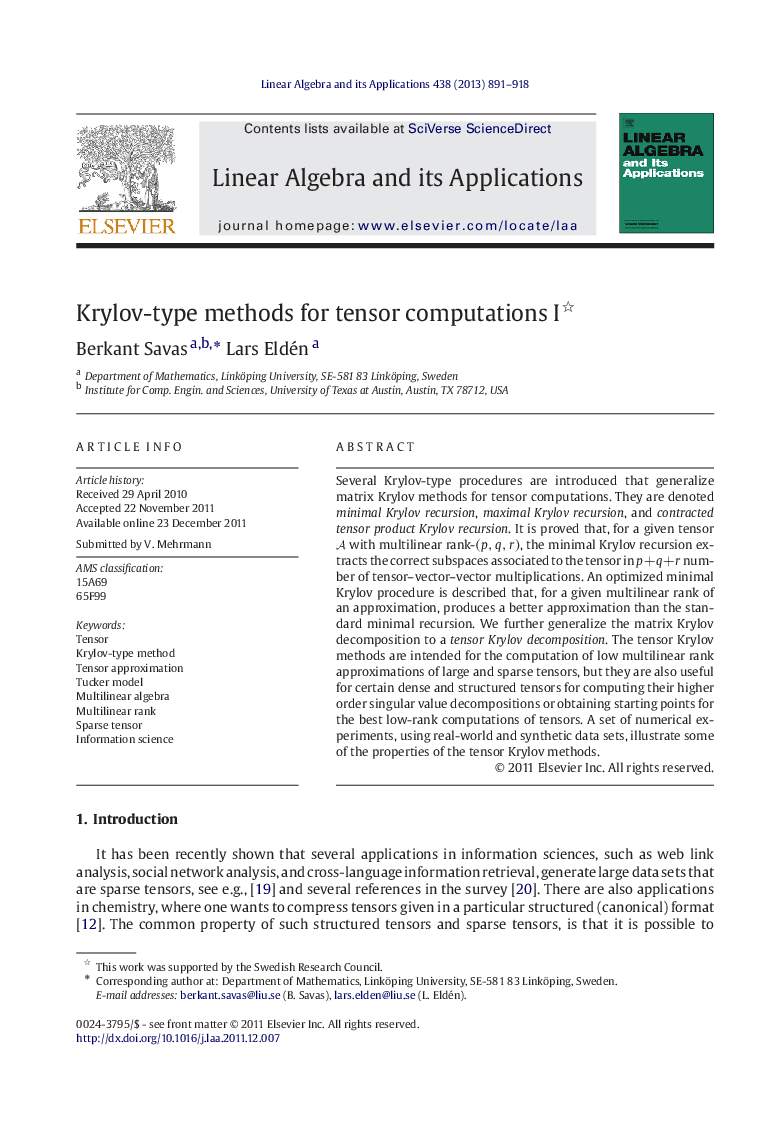 Krylov-type methods for tensor computations I 