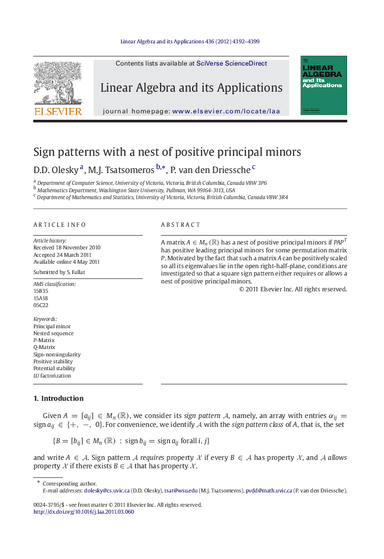 Sign patterns with a nest of positive principal minors