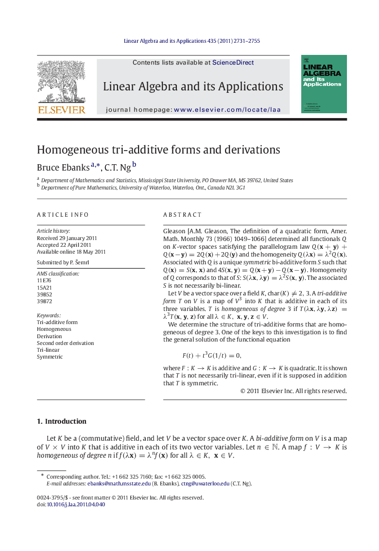 عکس صفحه اول مقاله: Homogeneous tri-additive forms and derivations Homogeneous tri-additive forms and derivations