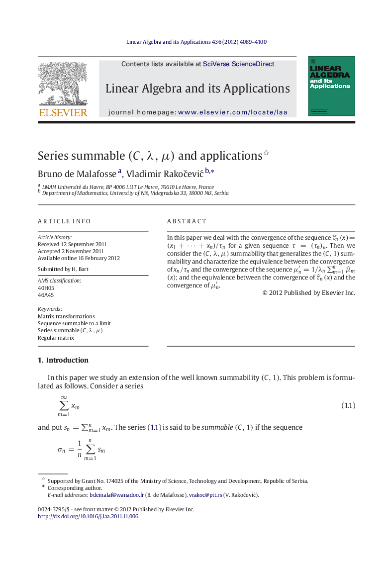 Series summable (C, λ, μ) and applications 