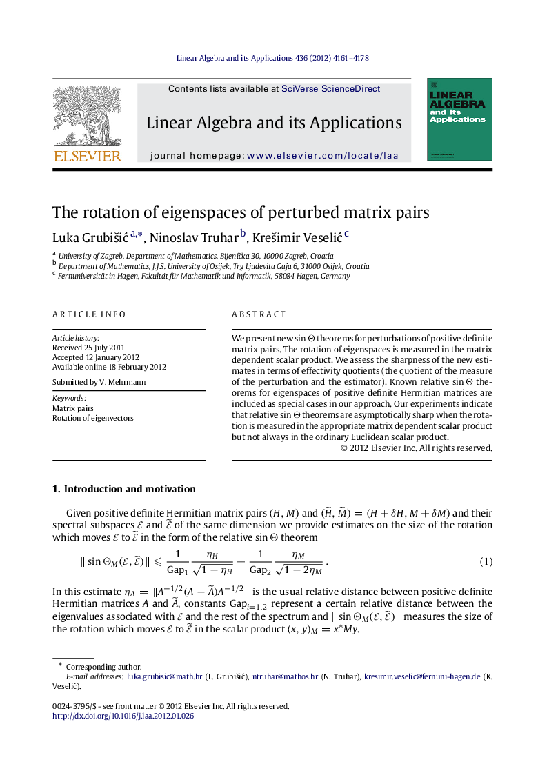 The rotation of eigenspaces of perturbed matrix pairs