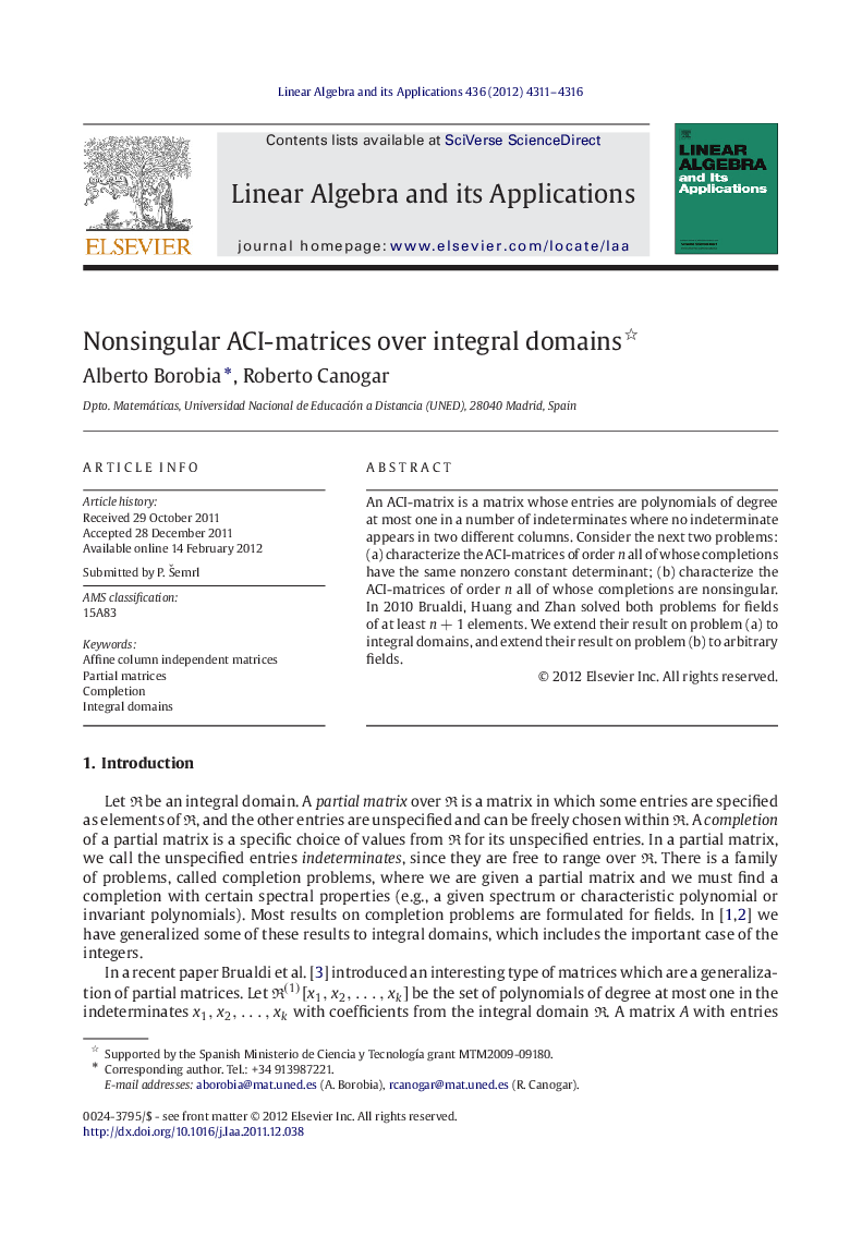 Nonsingular ACI-matrices over integral domains 