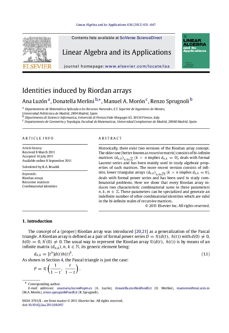 Identities induced by Riordan arrays