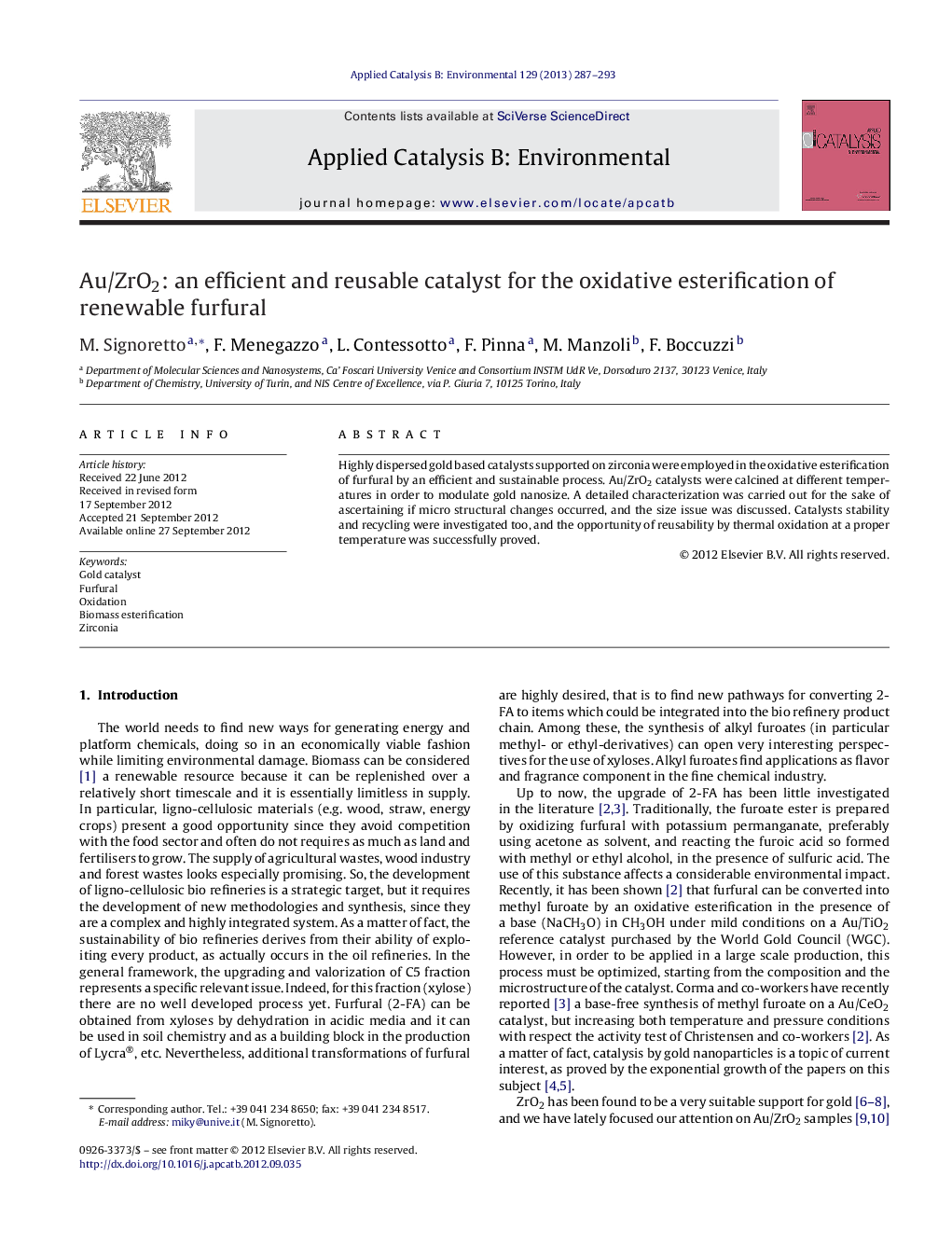 Au/ZrO2: an efficient and reusable catalyst for the oxidative esterification of renewable furfural