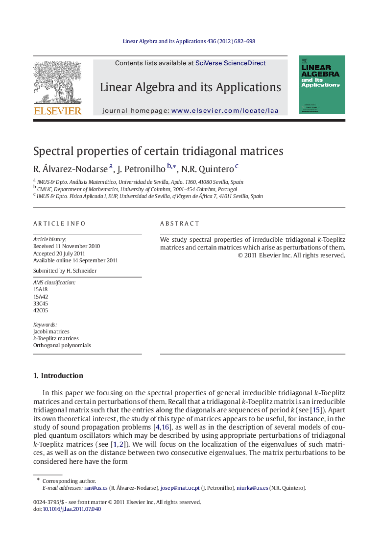 Spectral properties of certain tridiagonal matrices