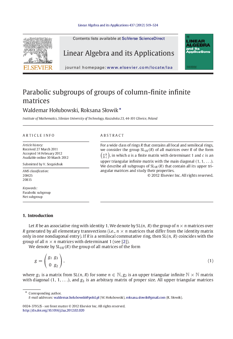 Parabolic subgroups of groups of column-finite infinite matrices