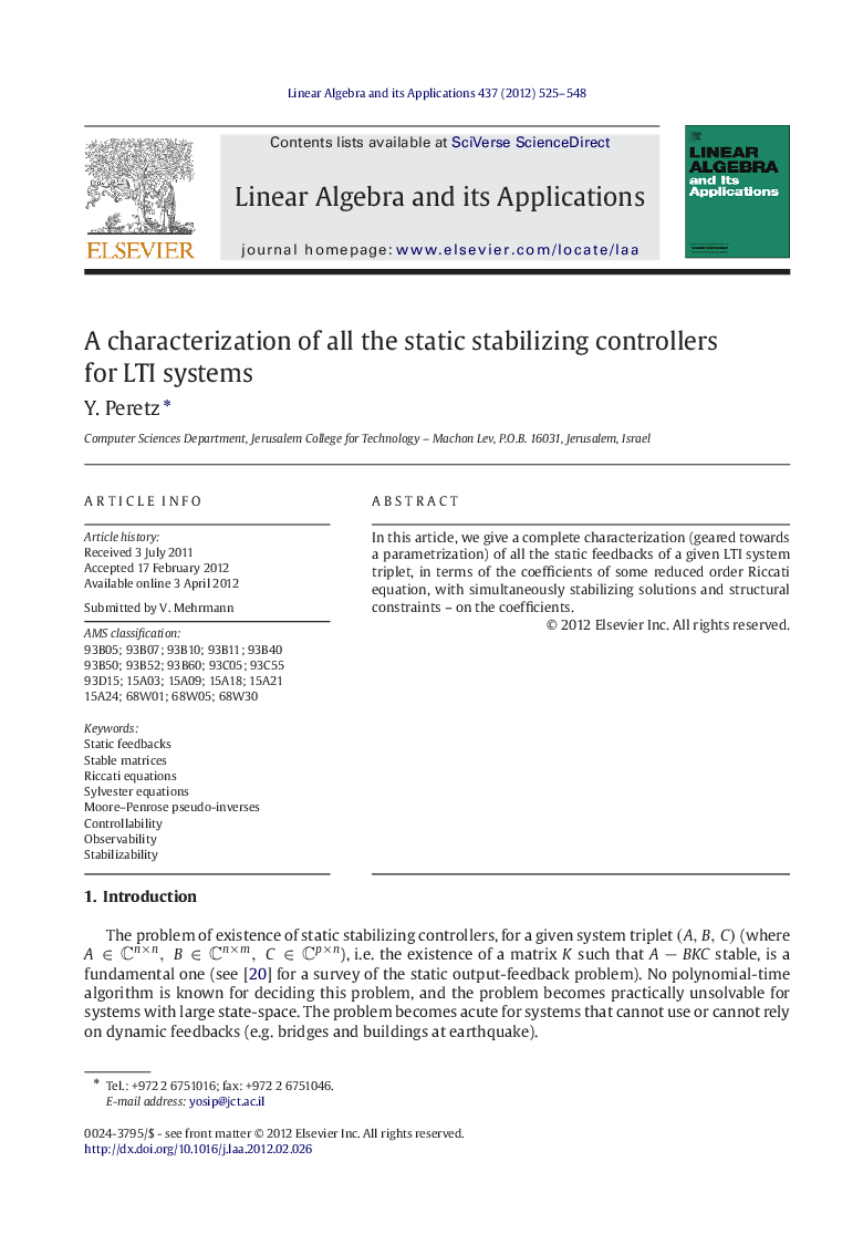 A characterization of all the static stabilizing controllers for LTI systems