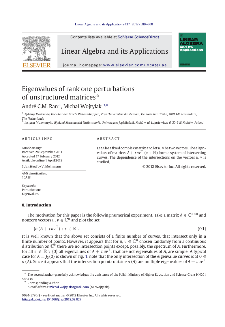 Eigenvalues of rank one perturbations of unstructured matrices 