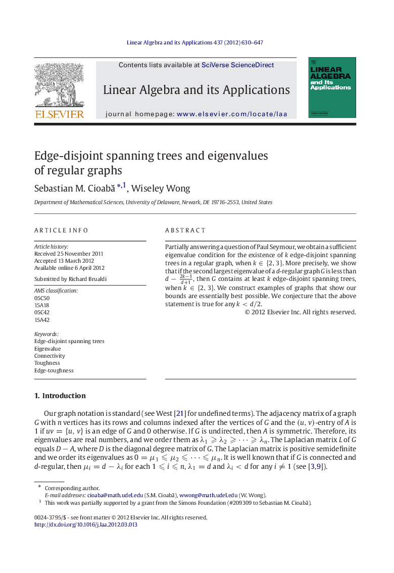 Edge-disjoint spanning trees and eigenvalues of regular graphs