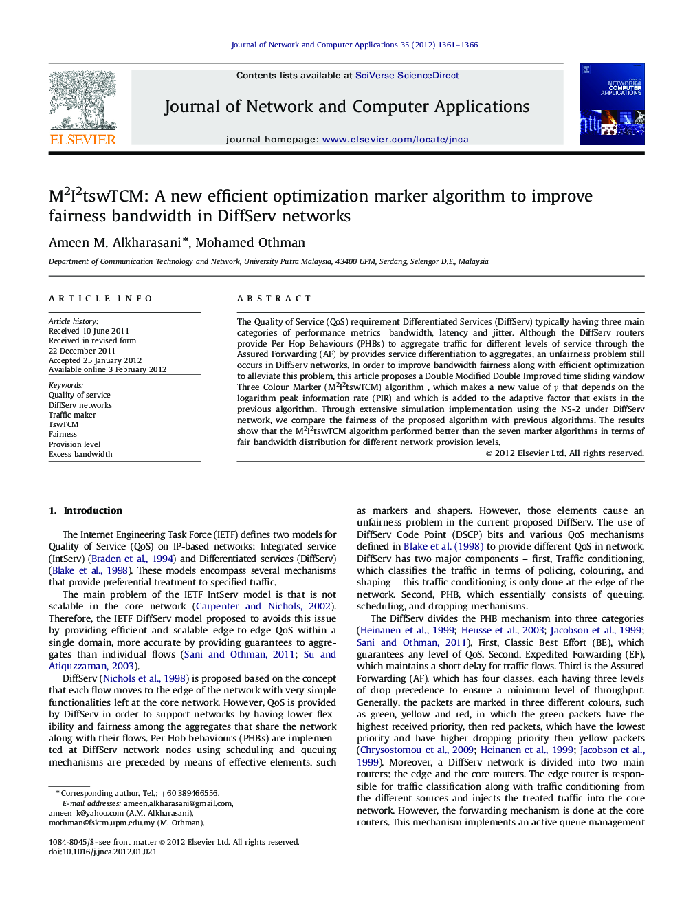 M2I2tswTCM: A new efficient optimization marker algorithm to improve fairness bandwidth in DiffServ networks