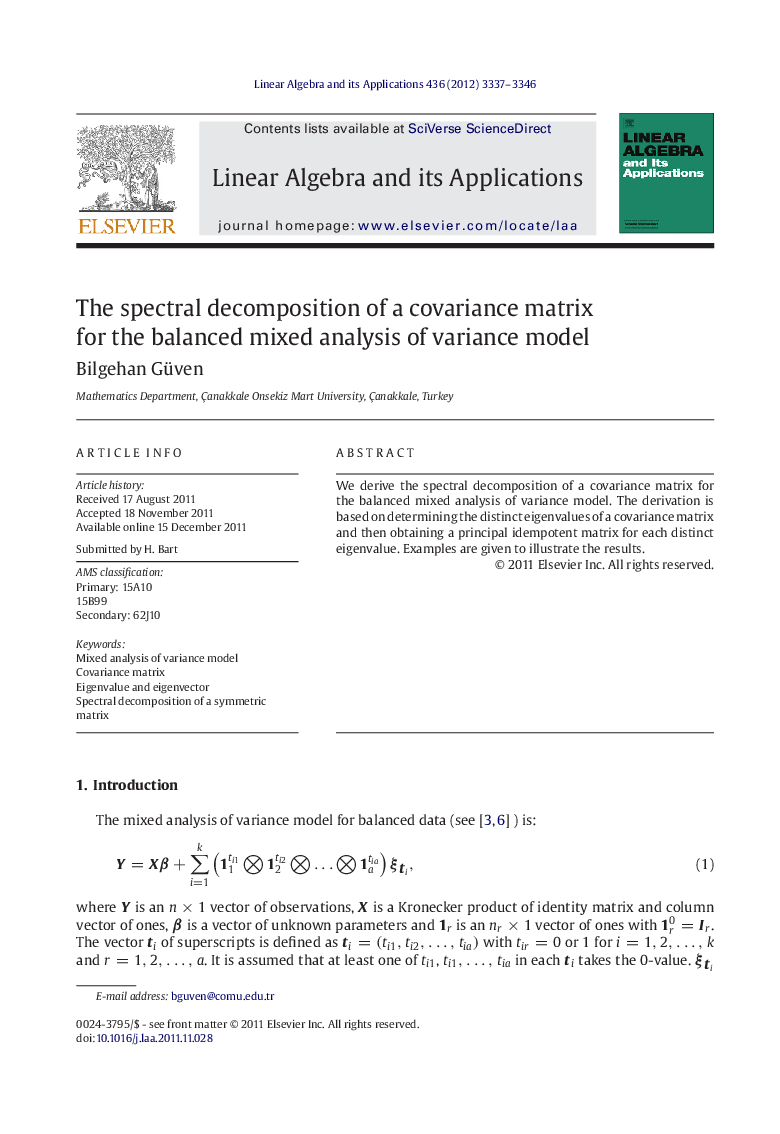 The spectral decomposition of a covariance matrix for the balanced mixed analysis of variance model