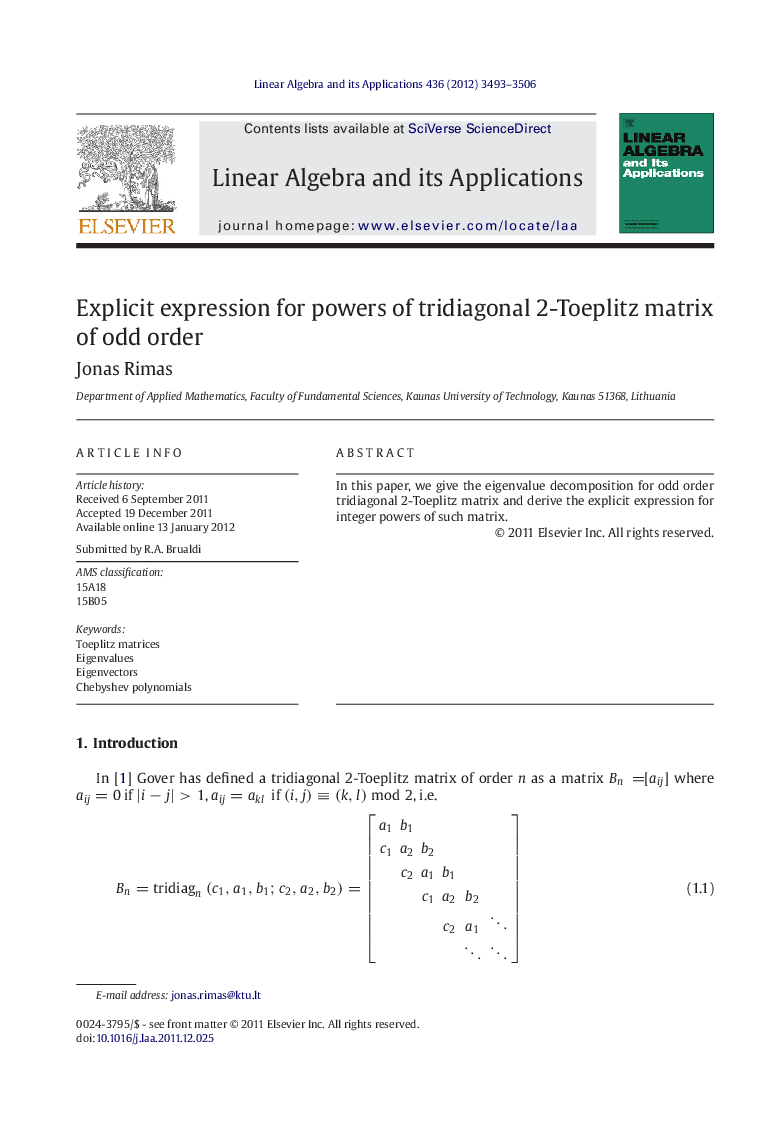 Explicit expression for powers of tridiagonal 2-Toeplitz matrix of odd order
