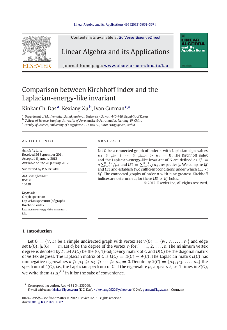 Comparison between Kirchhoff index and the Laplacian-energy-like invariant