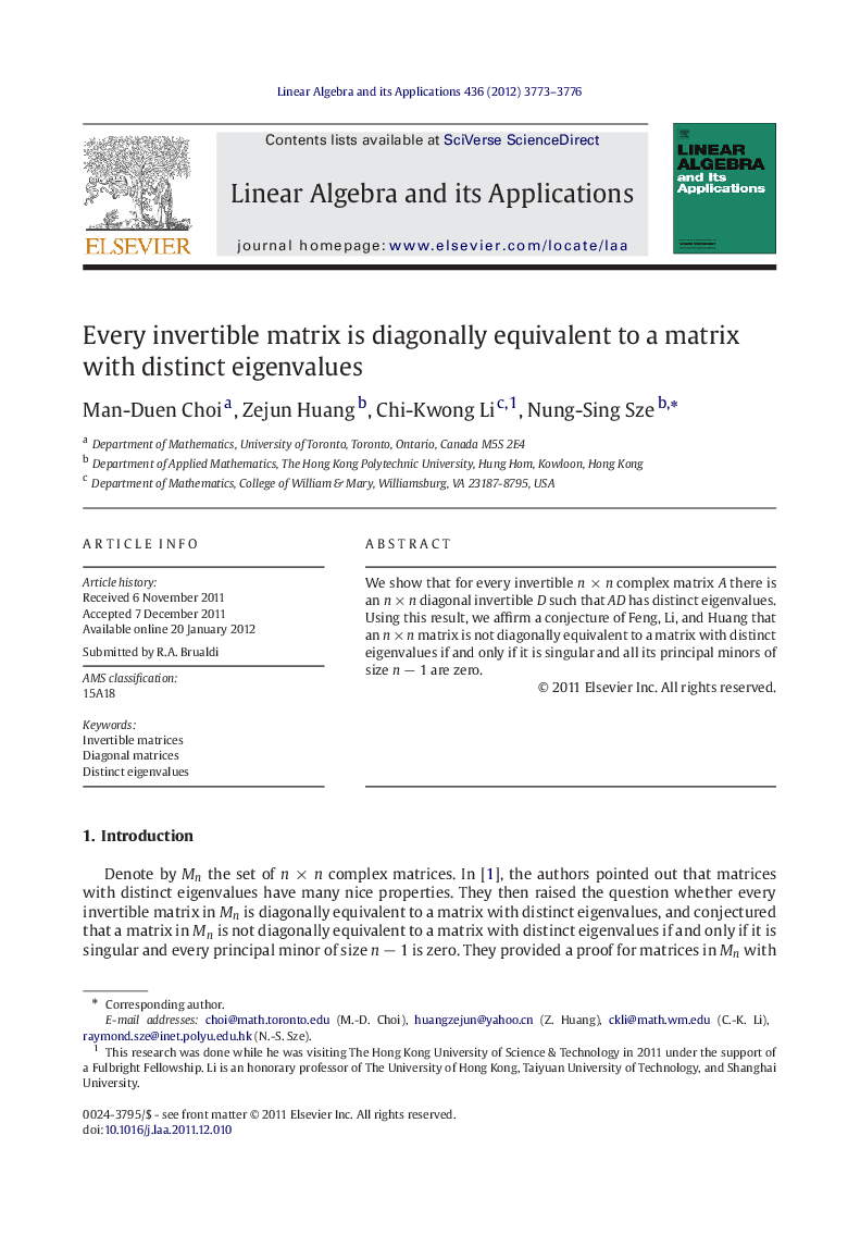 Every invertible matrix is diagonally equivalent to a matrix with distinct eigenvalues