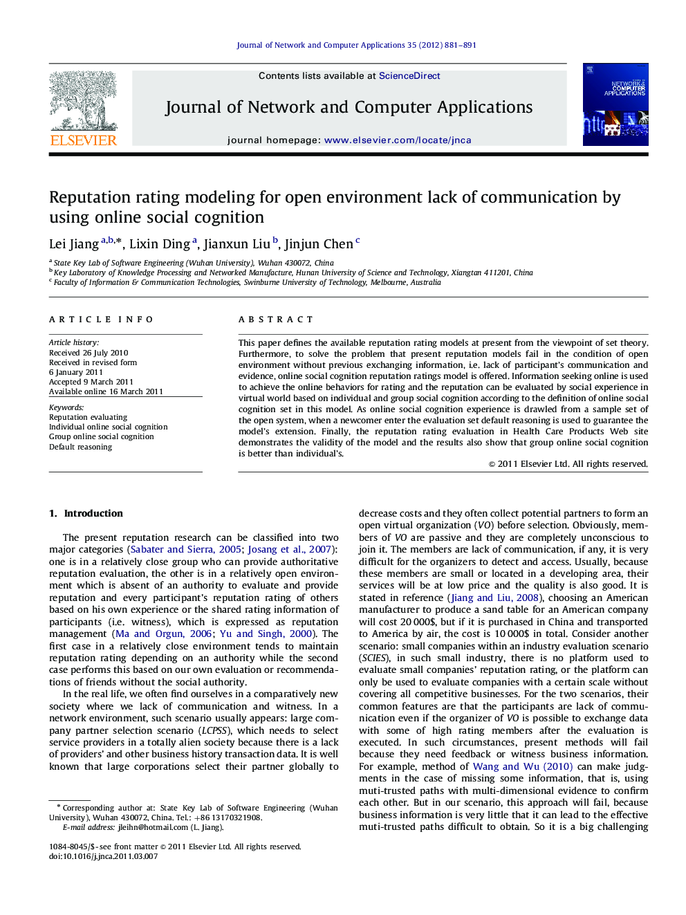 Reputation rating modeling for open environment lack of communication by using online social cognition