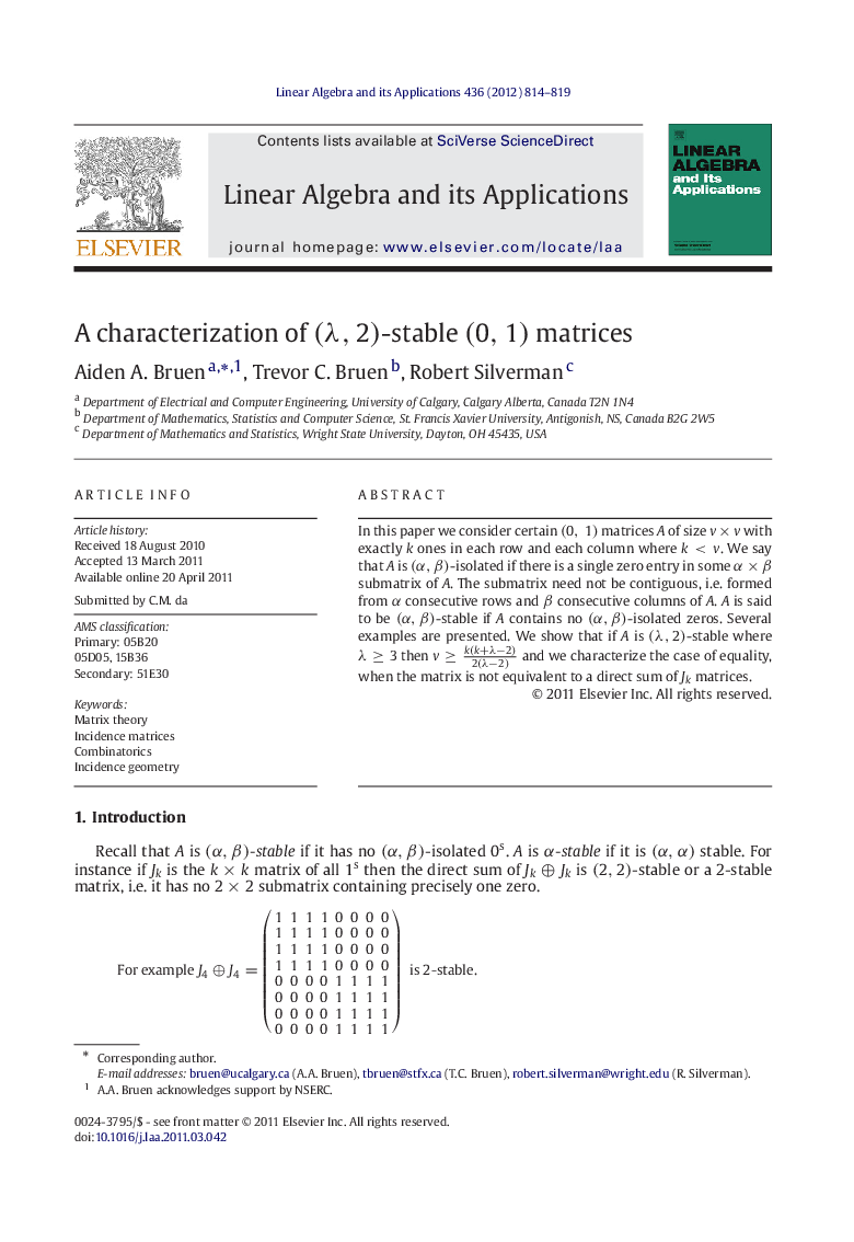 A characterization of (λ,2)-stable (0,1) matrices