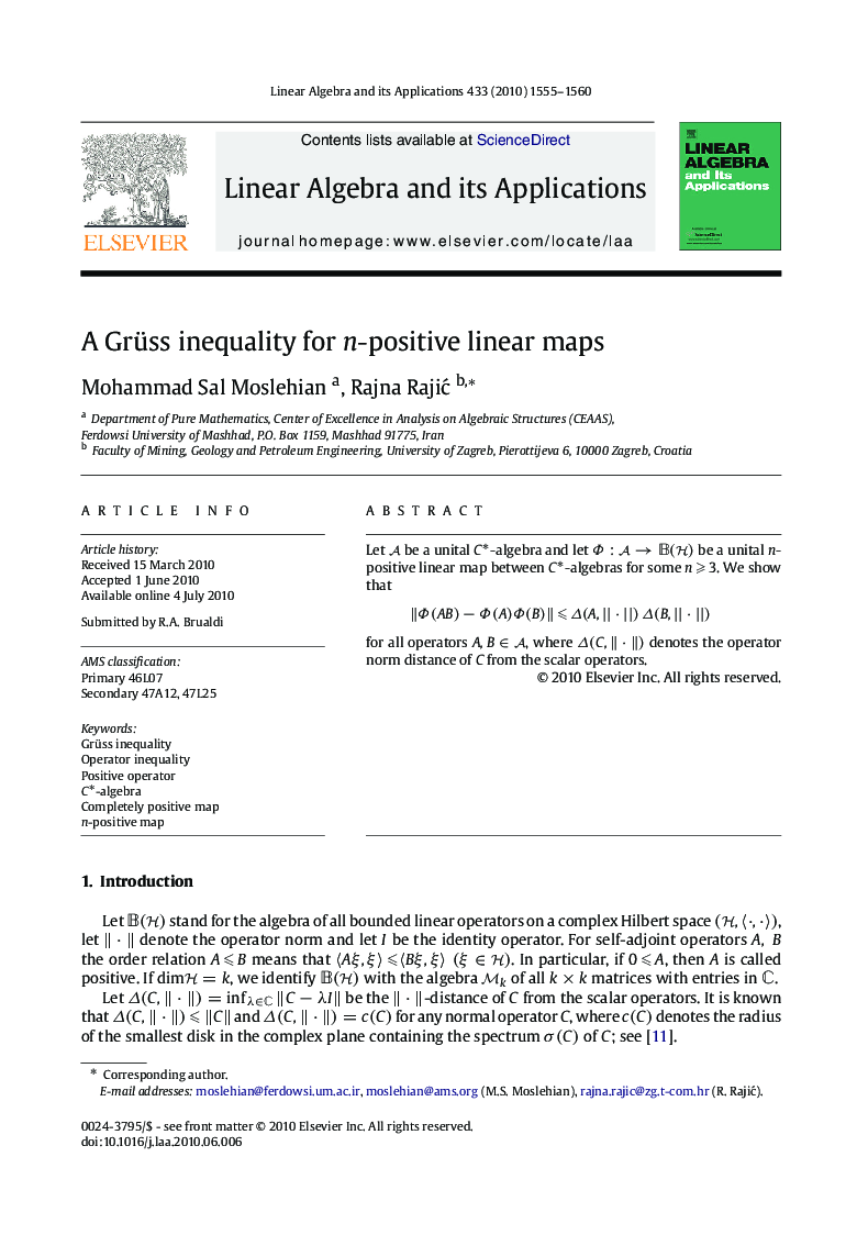 A Grüss inequality for n-positive linear maps