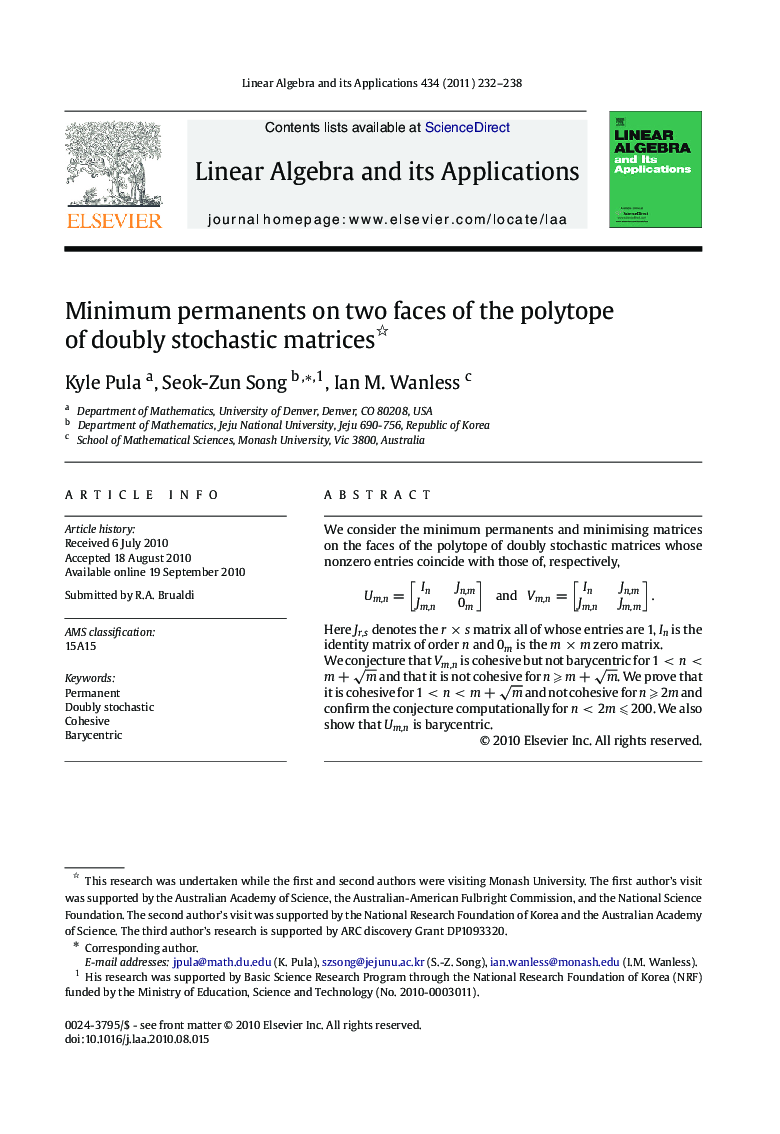 Minimum permanents on two faces of the polytope of doubly stochastic matrices 