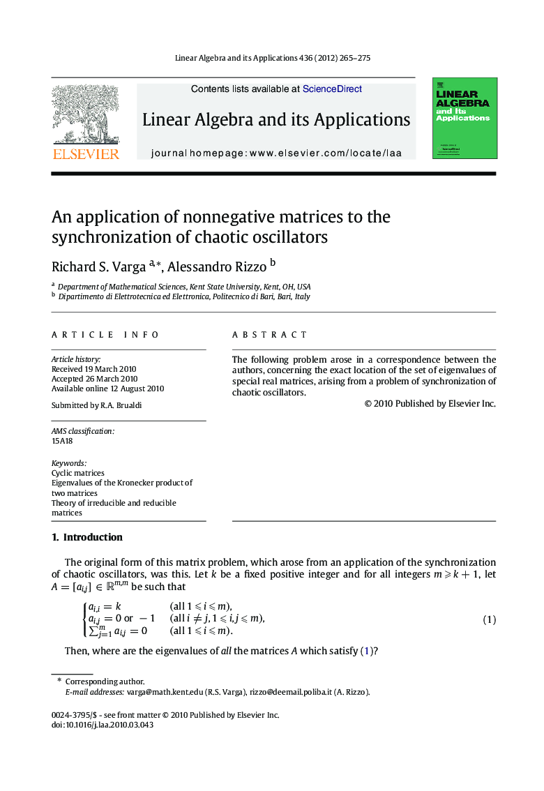 An application of nonnegative matrices to the synchronization of chaotic oscillators