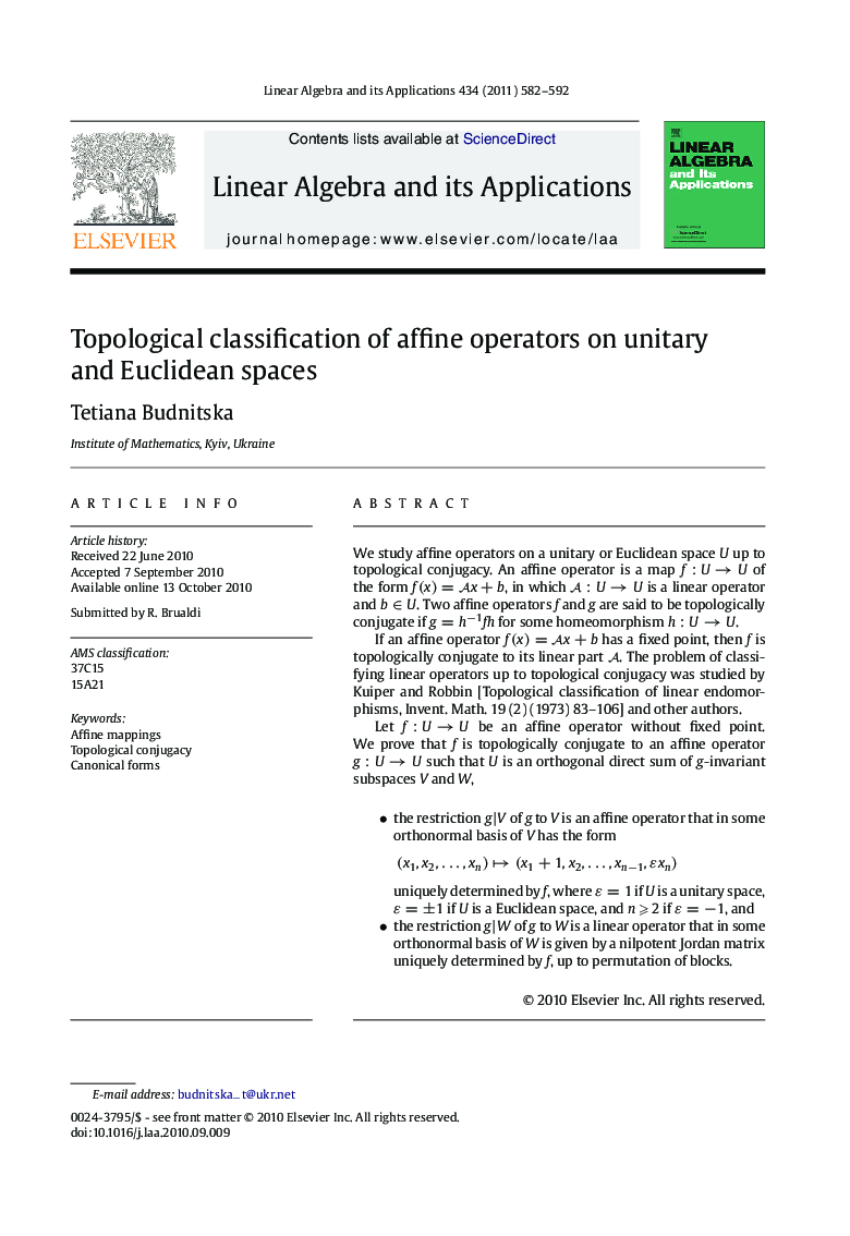 Topological classification of affine operators on unitary and Euclidean spaces