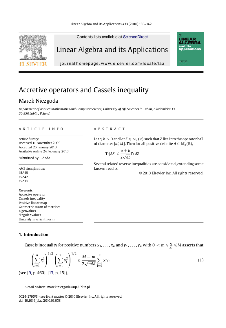 Accretive operators and Cassels inequality