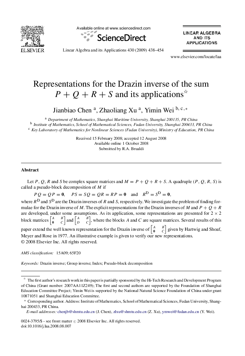 Representations for the Drazin inverse of the sum P+Q+R+S and its applications