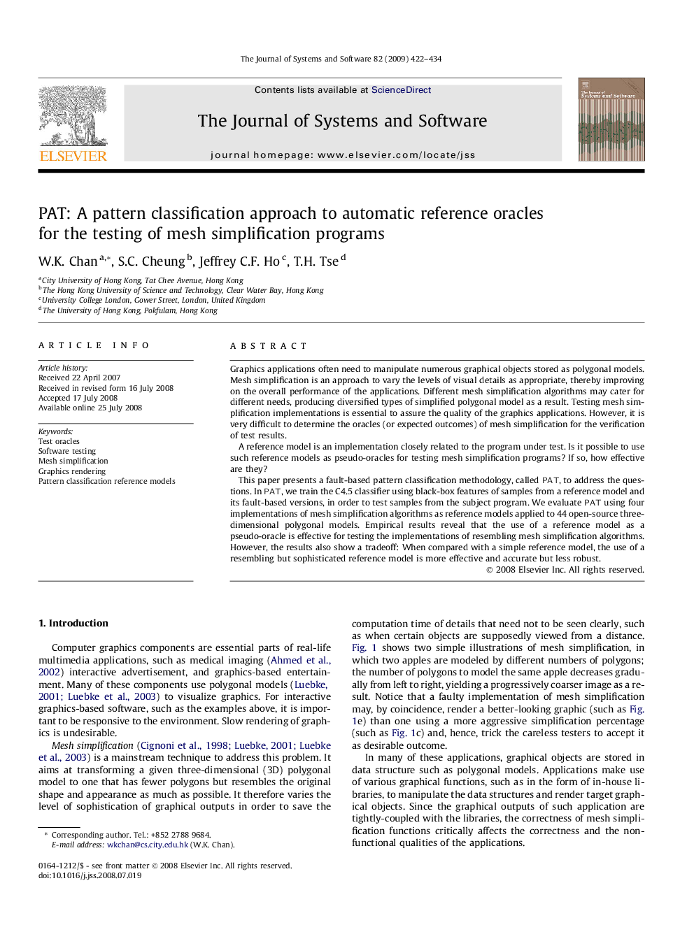 PAT: A pattern classification approach to automatic reference oracles for the testing of mesh simplification programs