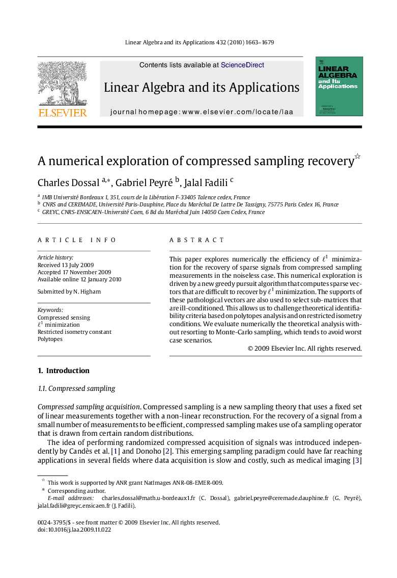 عکس صفحه اول مقاله: A numerical exploration of compressed sampling recovery A numerical exploration of compressed sampling recovery