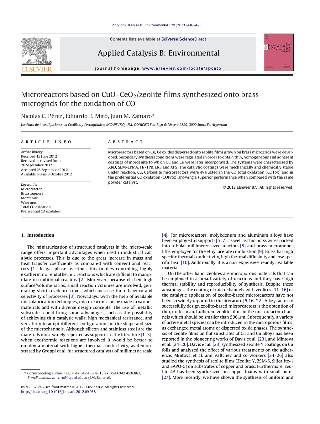 Microreactors based on CuO–CeO2/zeolite films synthesized onto brass microgrids for the oxidation of CO