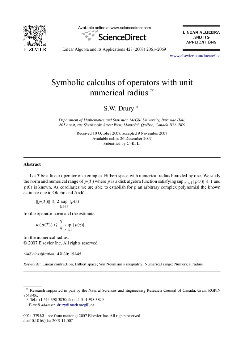 Symbolic calculus of operators with unit numerical radius 