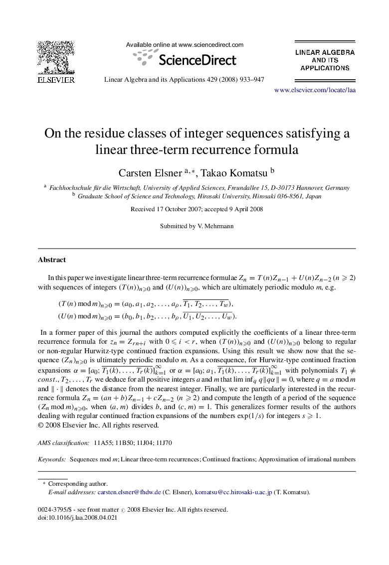 On the residue classes of integer sequences satisfying a linear three term recurrence formula