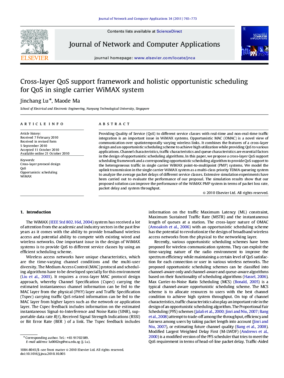 Cross-layer QoS support framework and holistic opportunistic scheduling for QoS in single carrier WiMAX system