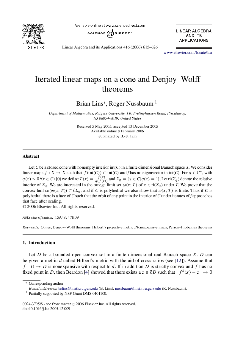 Iterated linear maps on a cone and Denjoy–Wolff theorems