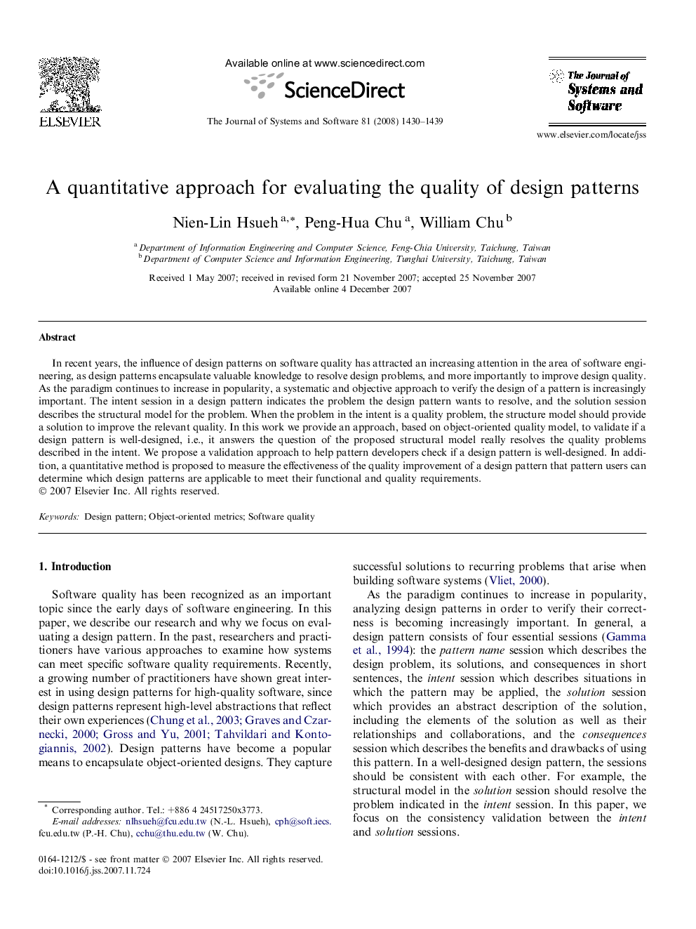 A quantitative approach for evaluating the quality of design patterns