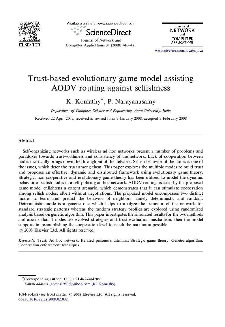 Trust-based evolutionary game model assisting AODV routing against selfishness