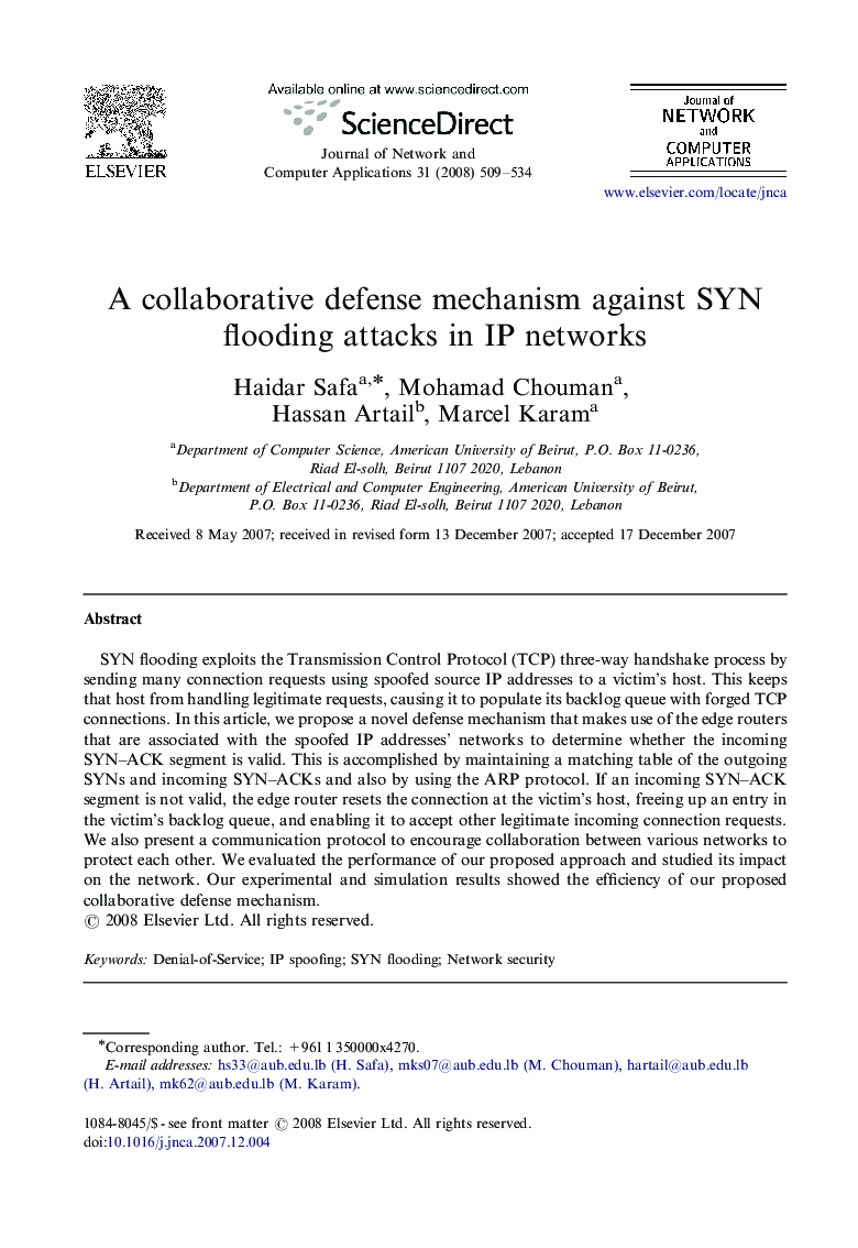 A collaborative defense mechanism against SYN flooding attacks in IP networks