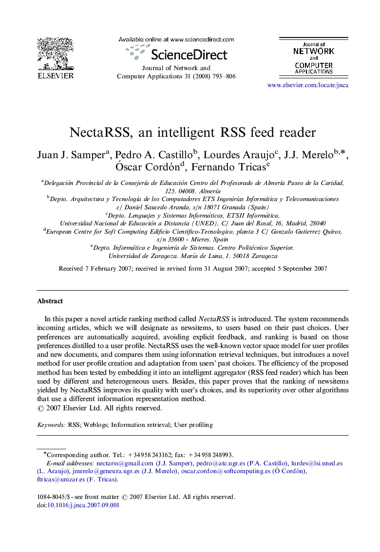 NectaRSS, an intelligent RSS feed reader