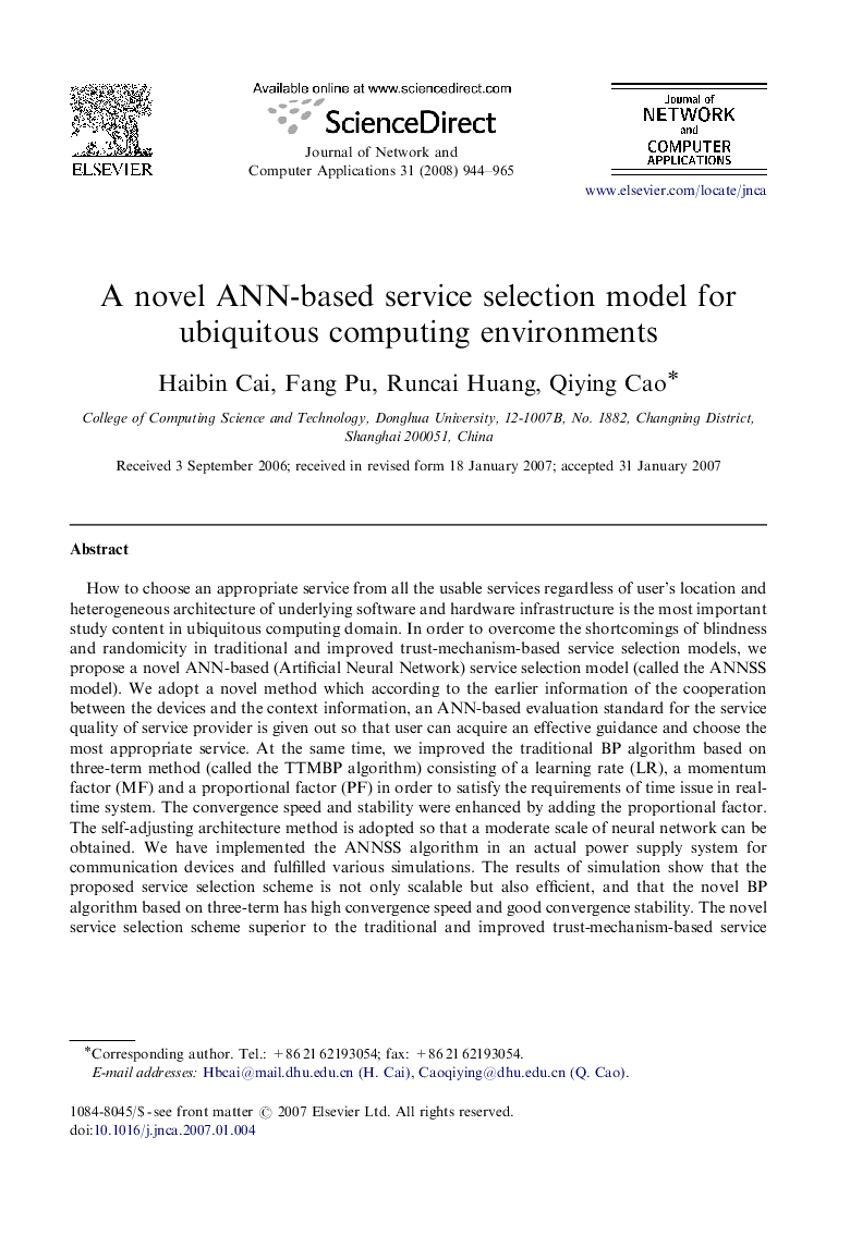 A novel ANN-based service selection model for ubiquitous computing environments