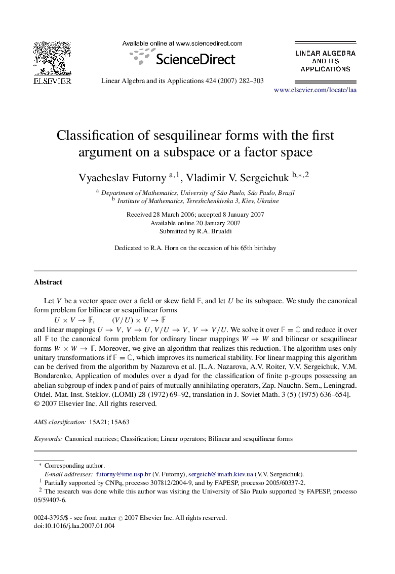 Classification of sesquilinear forms with the first argument on a subspace or a factor space