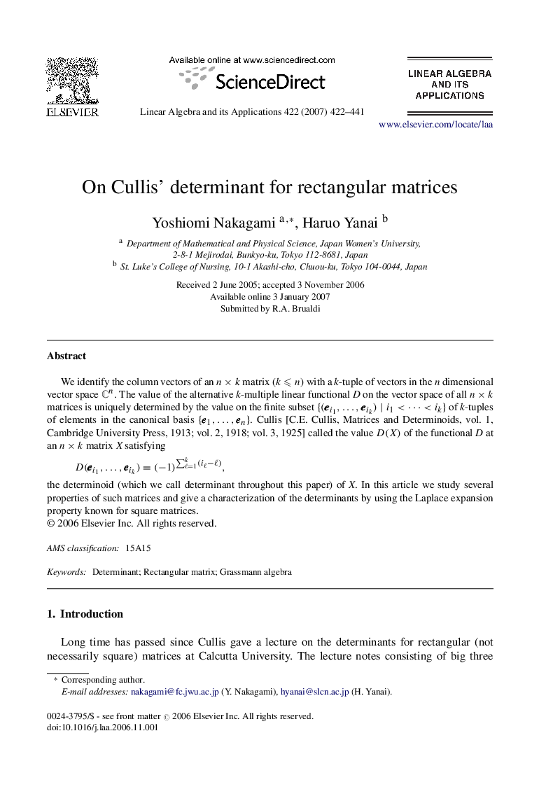 On Cullis’ determinant for rectangular matrices