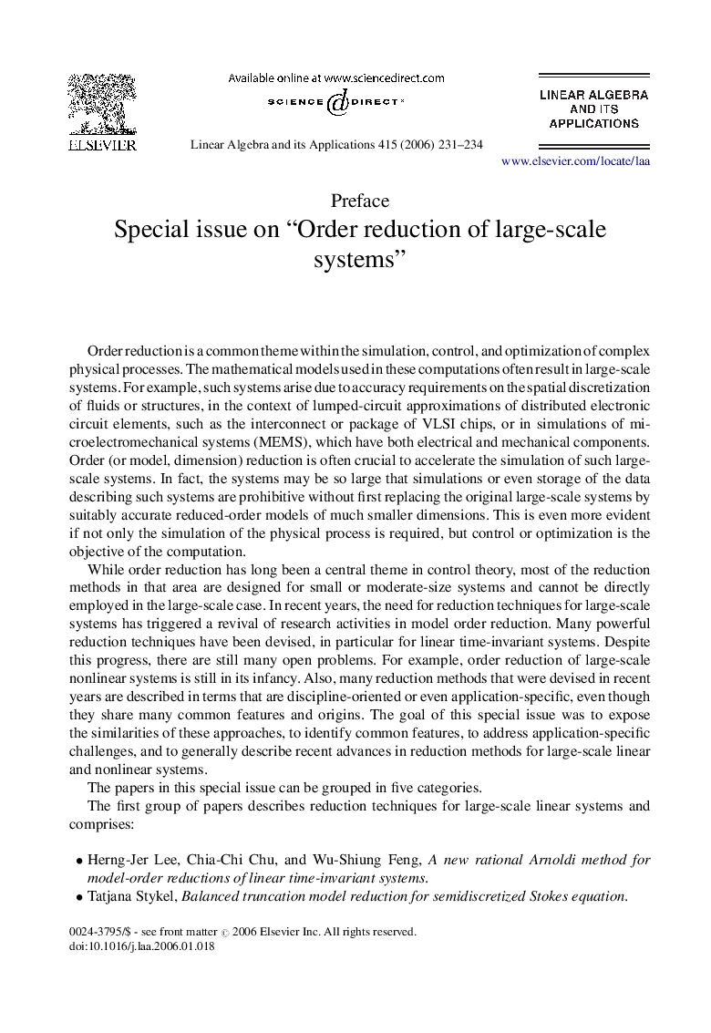 عکس صفحه اول مقاله: Special issue on “Order reduction of large-scale systems” Special issue on “Order reduction of large-scale systems”