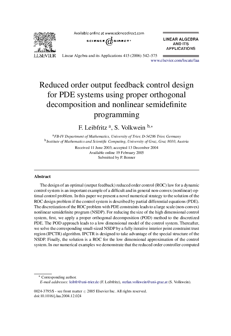Reduced order output feedback control design for PDE systems using proper orthogonal decomposition and nonlinear semidefinite programming
