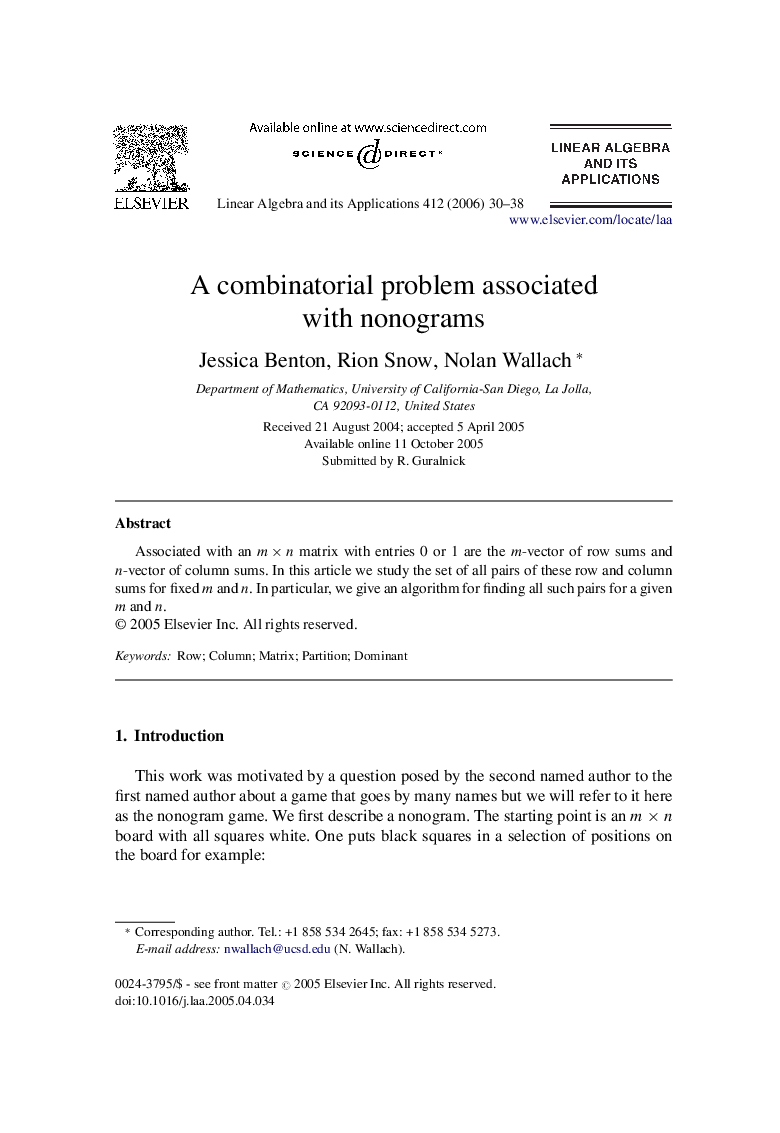 عکس صفحه اول مقاله: A combinatorial problem associated with nonograms A combinatorial problem associated with nonograms