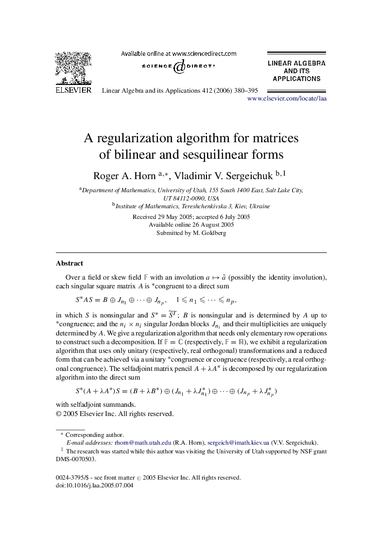 A regularization algorithm for matrices of bilinear and sesquilinear forms