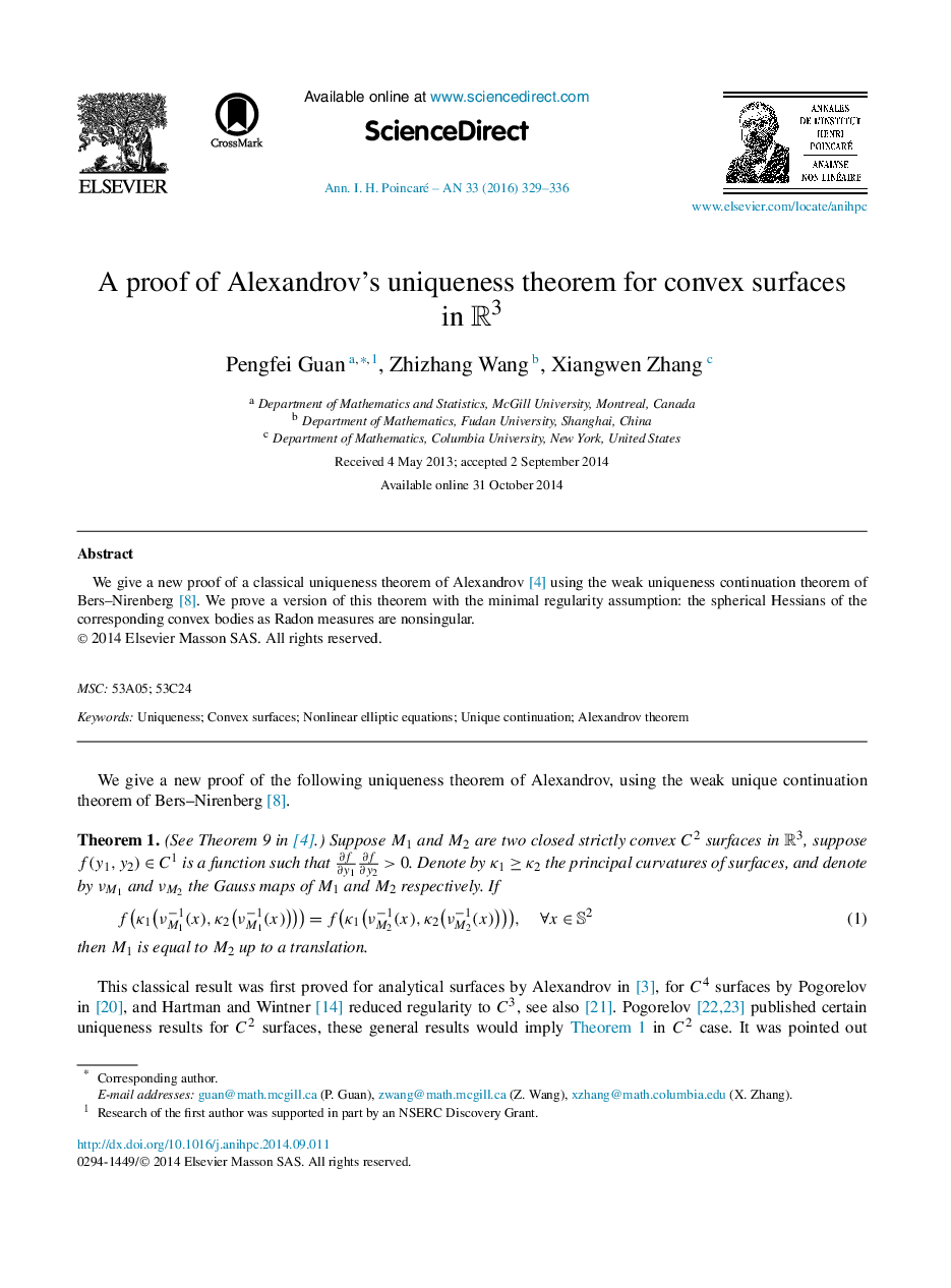 A proof of Alexandrov's uniqueness theorem for convex surfaces in R3R3