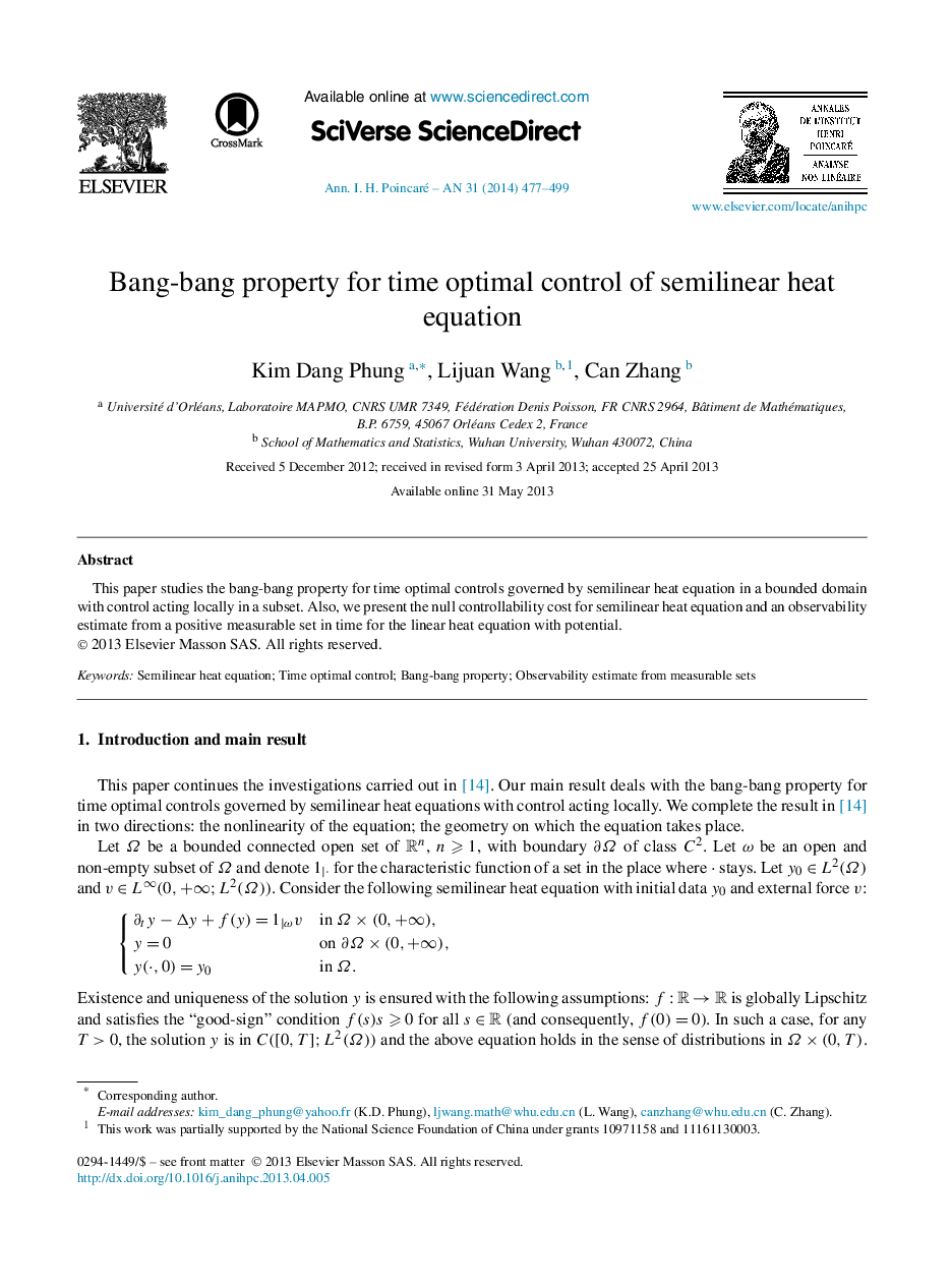 Bang-bang property for time optimal control of semilinear heat equation